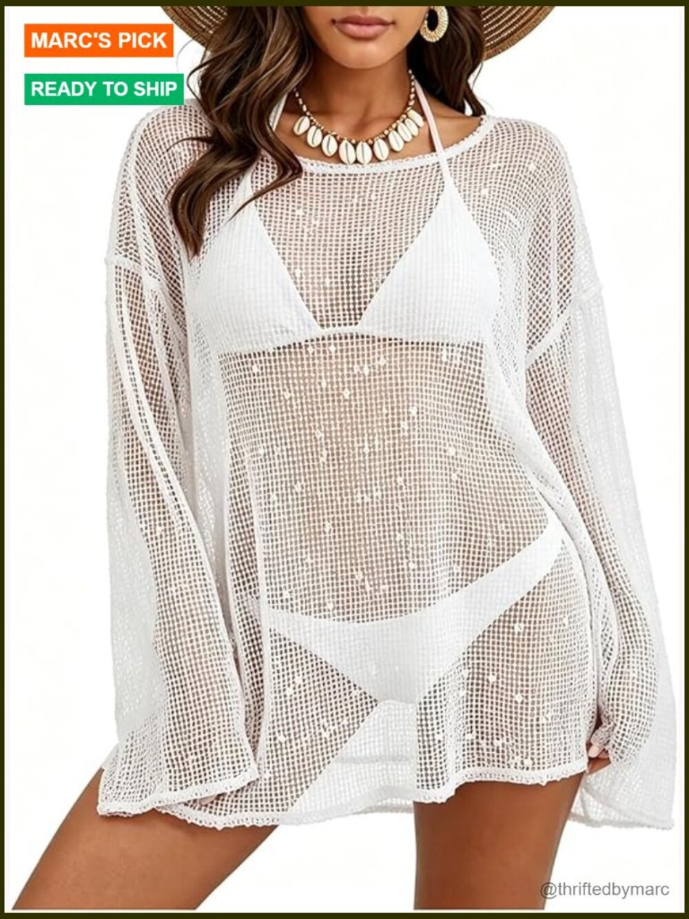 Crochet Swim Cover Up Dress Long Sleeve Hollow Out Beach Tunic Loose Fit